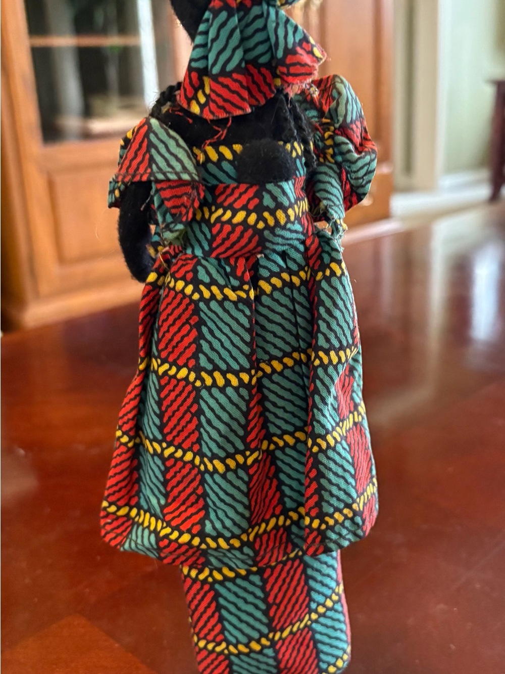 Colorful Patterned Doll Outfit with Headwrap - Black, Red, Teal, Yellow